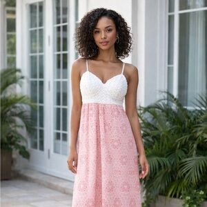 Maxi dress- Coral, white and blue with adjustable straps, Size XS